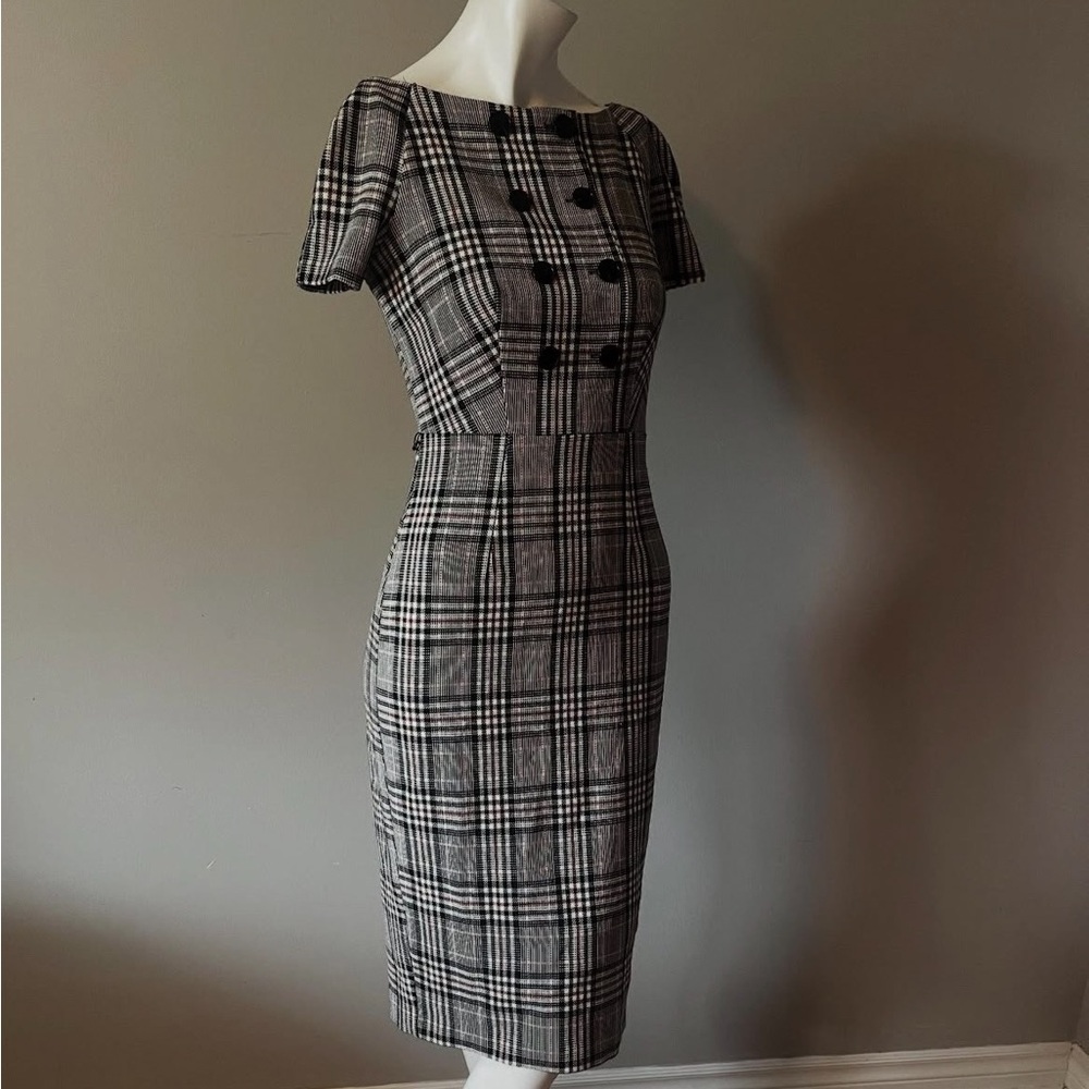 Le Chateau Black and Gray Plaid Midi Dress